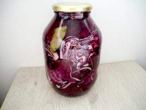 Bottle of Lacto-fermented pickled red cabbage